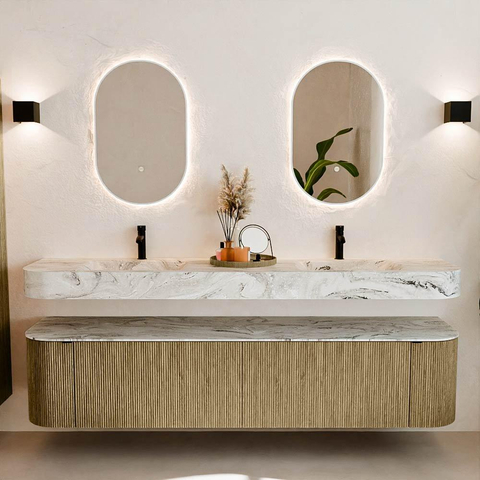 MONDIAZ THOR-DLUX 200cm meuble de salle de bains arrondi gauche + droite couleur Dusk avec 2 tiroirs et 2 portes. Vasque suspendue CLOUD Double 2 trous de robinet couleur Glace. SW1466839