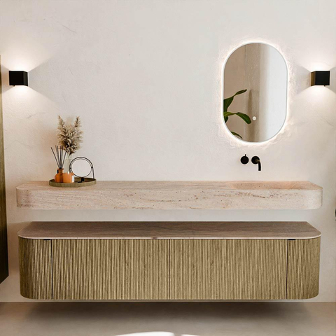 MONDIAZ THOR-DLUX 200cm meuble de salle de bains arrondi gauche + droite couleur Dusk avec 2 tiroirs et 2 portes. Vasque suspendue CLOUD Droite sans trou de robinet couleur Saba. SW1467224
