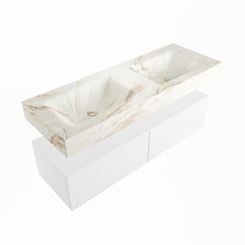 Mondiaz ALAN-DLUX Ensemble de meuble - 130cm - meuble Talc mat - 2 tiroirs - Lavabo Cloud Frappe suspendu - vasque Gauche et droite - 2 trous de robinet SW804938