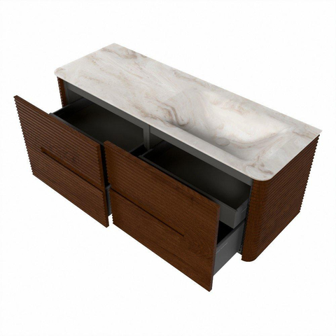 Mondiaz CIRO-DLUX Badkamermeubelset - 130x45x50cm - Solid surface wastafel Frappe - 1 wasbak Rechts - 1 kraangat - 4 lades - Ruby SW1531292