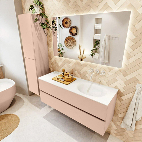 MONDIAZ VICA Ensemble meuble de salle de bains - 130cm - meuble bas rosee - 2 tiroirs - lavabo moon à droite - sans trous de robinet - version hauteur 60cm - talc SW1080366