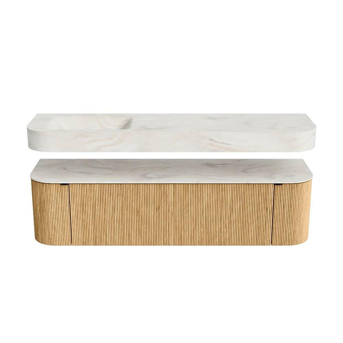 MONDIAZ THOR-DLUX 170cm badmeubel ronding links + rechts kleur Oak met 1 lade en 2 deuren. Vrijhangende wastafel CLOUD Links 1 kraangat kleur Ostra. SW1465650