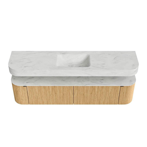 MONDIAZ THOR-DLUX 190cm badmeubel ronding links + rechts kleur Oak met 2 lades en 2 deuren. Vrijhangende wastafel CLOUD Midden 1 kraangat kleur Opalo. SW1466408