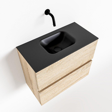 MONDIAZ ADA Toiletmeubel - 60x30x50cm - 0 kraangaten - 2 lades - washed oak mat - wasbak midden - Solid surface - Zwart SW473097