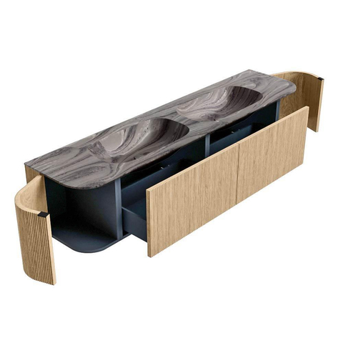 MONDIAZ KURVE-DLUX 190cm badmeubel ronding Links + Rechts kleur Oak met 2 lades en 2 deuren. Wastafel STOR SMALL Dubbel zonder kraangat Sombra. SW1434056