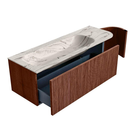 MONDIAZ KURVE-DLUX 135cm badmeubel ronding Rechts kleur Ruby met 1 lade en 1 deur. Wastafel BIG MEDIUM Links 1 kraangat Nata. SW1432550