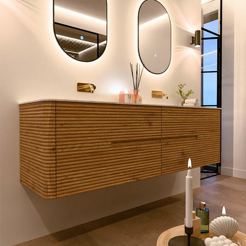 Mondiaz CIRO-DLUX Badkamermeubelset - 170x45x50cm - Solid surface wastafel Opalo - 2 wasbak Dubbel - zonder kraangaten - 4 lades - Oak SW1531087