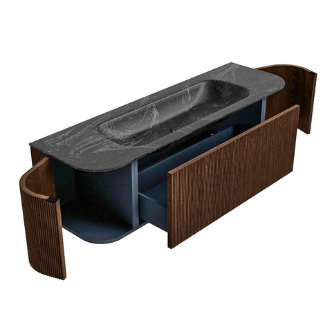 MONDIAZ KURVE-DLUX meuble de salle de bains 150 cm avec module 25 Len R couleur Noyer avec 1 tiroir et 2 portes. Lavabo BIG MEDIUM central 1 trou de robinet couleur Lava. SW1137245