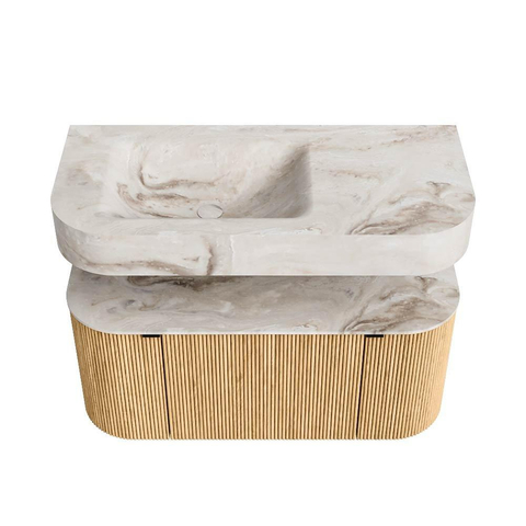 MONDIAZ THOR-DLUX Meuble de salle de bains 100cm arrondi gauche + droite couleur Oak avec 1 tiroir et 2 portes. Vasque suspendue CLOUD Gauche 1 trou de robinet couleur Frappe. SW1467297