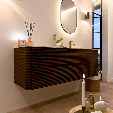 Mondiaz CIRO-DLUX Ensemble de meubles de salle de bains - 150x45x50cm - Vasque solid surface Glace - 1 lavabo à droite - 1 trou de robinet - 4 tiroirs - Noyer SW1530254