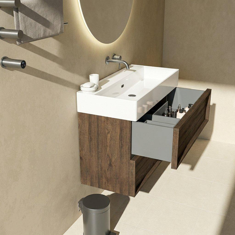 Saniclass Holz Frame Ensemble de meuble de salle de bains - 100x45x72cm - Legend lavabo en céramique blanc - 1 vasque - sans trou de robinet - 2 tiroirs - chêne charcoal mat (bois) SW1579979