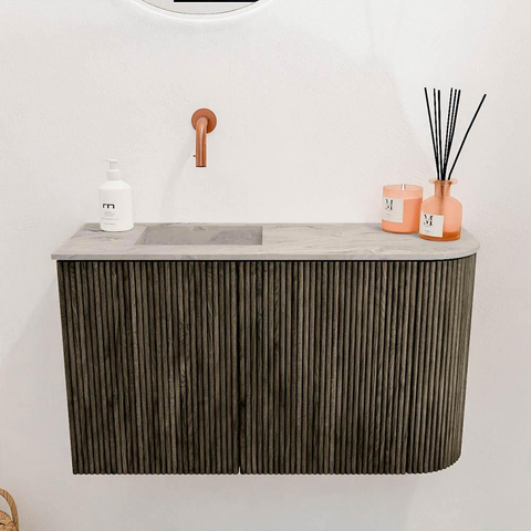 Mondiaz JOYA-DLUX Meuble de salle de bains 71,6cm - arrondi droit couleur Shadow - Vasque FAYE position Gauche Sans trou de robinet couleur Glace. SW1422804