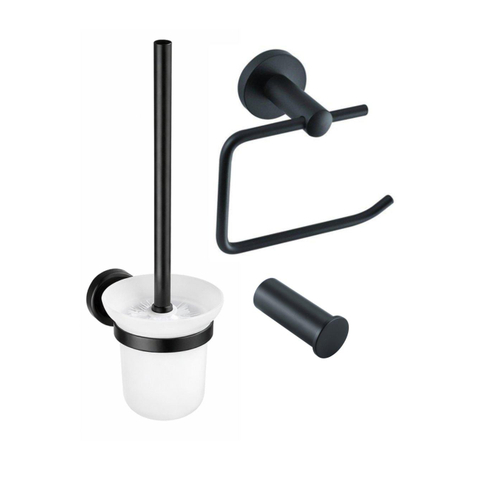 Fortifura Calvi Pack WC 3 pièces - porte-rouleau sans couvercle - brosse de toilette - crochet à serviette simple rond - Noir Mat SW1248426