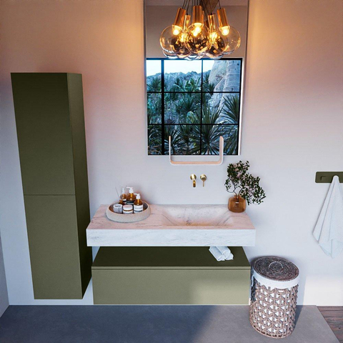 Mondiaz ALAN-DLUX Ensemble de meuble - 110cm - meuble Army mat - 1 tiroir - Lavabo Cloud Opalo suspendu - vasque Droite - 0 trous de robinet SW806709