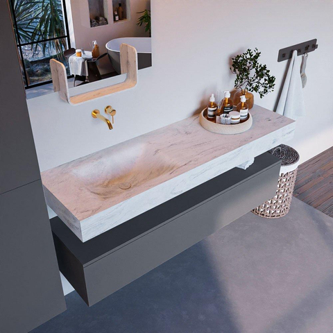 Mondiaz ALAN-DLUX Ensemble de meuble - 150cm - meuble Plata mat - 1 tiroir - Lavabo Cloud Opalo suspendu - vasque Gauche - 0 trous de robinet SW807201