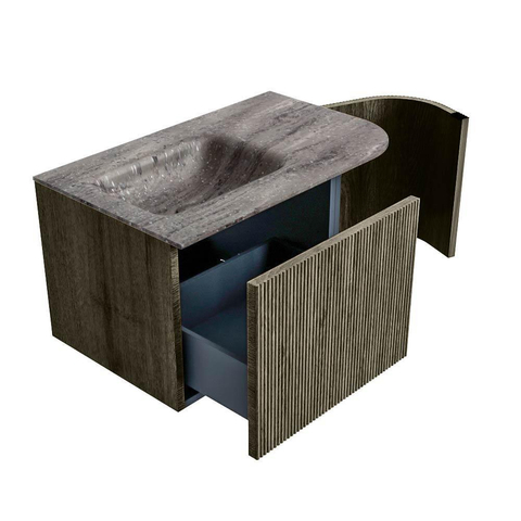 MONDIAZ KURVE-DLUX Meuble de salle de bains 75cm arrondi à droite couleur Shadow avec 1 tiroir et 1 porte. Vasque GRUNNE à gauche sans trou de robinet Oza. SW1432489