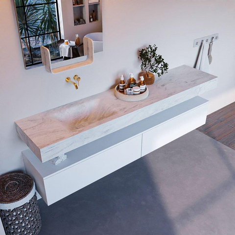 Mondiaz ALAN-DLUX Ensemble de meuble - 200cm - meuble Talc mat - 2 tiroirs - Lavabo Cloud Opalo suspendu - vasque Gauche - 0 trous de robinet SW806513