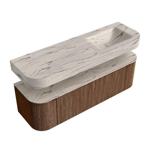 MONDIAZ THOR-DLUX 150cm badmeubel ronding links + rechts kleur Walnut met 1 lade en 2 deuren. Vrijhangende wastafel CLOUD Rechts 1 kraangat kleur Nata. SW1464801