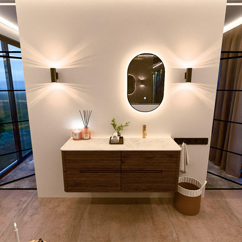 Mondiaz CIRO-DLUX Ensemble de meubles de salle de bains - 130x45x50cm - plan-vasque solid surface Opalo - 1 lavabo à droite - 1 trou de robinet - 4 tiroirs - Dusk SW1532948