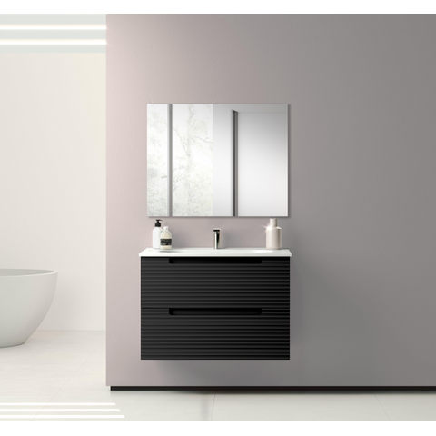 Saniclass Prime Balance Meuble de salle de bain - 80x55x45cm - 1 vasque rectangulaire en céramique blanc - 1 trou de robinet - 2 tiroirs - miroir rectangulaire - noir mat SW916162