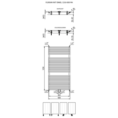 Plieger Florian Nxt M radiateur design simple horizontal avec raccordement central 1216x600mm 750W blanc 7255174