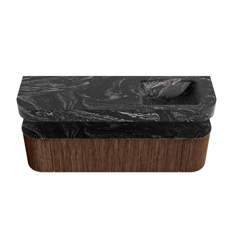 MONDIAZ THOR-DLUX 160cm badmeubel ronding links + rechts kleur Walnut met 1 lade en 2 deuren. Vrijhangende wastafel CLOUD Rechts 1 kraangat kleur Lava. SW1464995