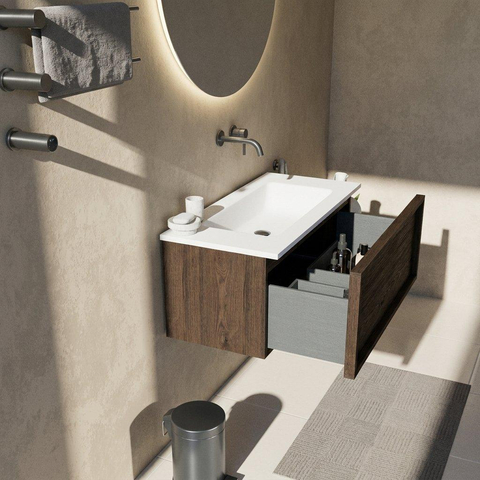 Saniclass Holz Frame Ensemble de meubles de salle de bains - 100x45x57.5cm - lavabo Torino en solid surface blanc - sans trou de robinetterie - 1 tiroir - chêne charcoal mat (bois) SW1478662