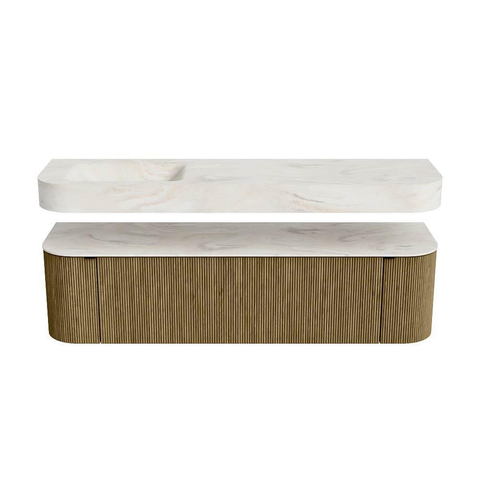 MONDIAZ THOR-DLUX 170cm meuble de salle de bains arrondi gauche + droite couleur Dusk avec 1 tiroir et 2 portes. Vasque suspendue CLOUD gauche sans trou de robinet couleur Ostra. SW1465451