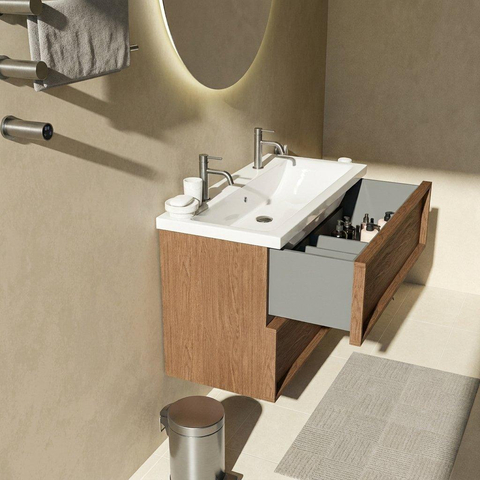 Saniclass Holz Frame Ensemble meuble de salle de bains - 100x45x63.5cm - Lavabo en céramique Bari blanc - 1 vasque - 2 trous de robinetterie - 2 tiroirs - noyer pure mat (bois) SW1579748