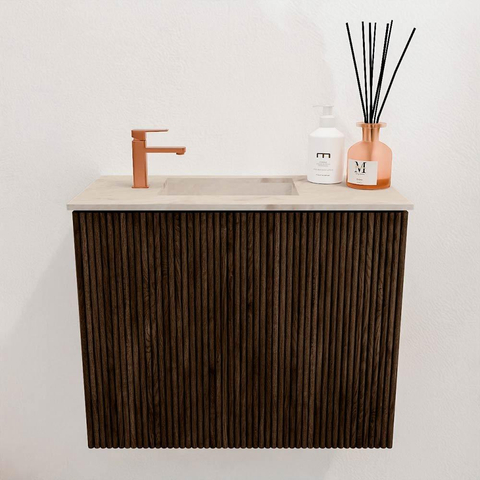 Mondiaz JOYA-DLUX 50cm toiletmeubel - kleur Walnut - Wastafel FAYE positie Links 1 kraangat kleur Frappe. SW1422259