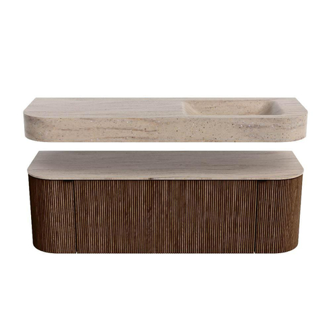 MONDIAZ THOR-DLUX 140cm badmeubel ronding links + rechts kleur Walnut met 1 lade en 2 deuren. Vrijhangende wastafel CLOUD Rechts zonder kraangat kleur Saba. SW1464326