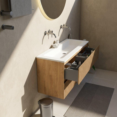 Saniclass Holz Atelier Badkamermeubelset - 120x45x77.5cm - Torino solid surface wastafel wit - zonder kraangat - 4 lades - mat eiken natural (hout) SW1478668