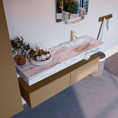 Mondiaz ALAN-DLUX Ensemble de meuble - 150cm - meuble Oro mat - 2 tiroirs - Lavabo Cloud Glace suspendu - vasque Droite - 1 trou de robinet SW806213