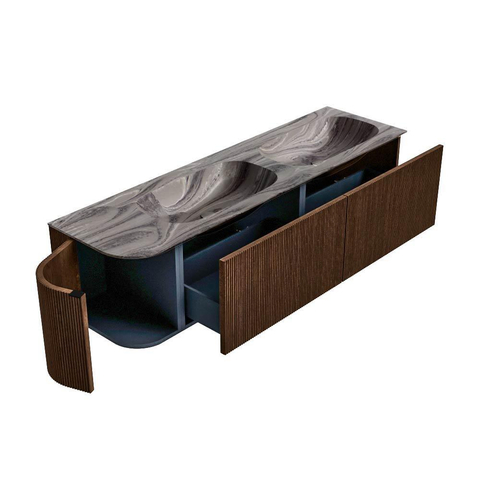 MONDIAZ KURVE-DLUX 165cm badmeubel ronding Links kleur Walnut met 2 lades en 1 deur. Wastafel STOR SMALL Dubbel / Rechts zonder kraangat Sombra. SW1433706