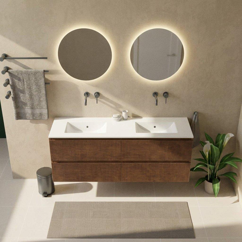 Saniclass Holz Atelier Ensemble de meubles de salle de bains - 160x45x62cm - lavabo Vygo en céramique blanc - 2 vasques - sans trous de robinet - 4 tiroirs - noyer pure mat (bois) SW1478930
