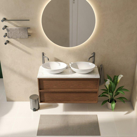 Saniclass Holz Frame Ensemble meuble de salle de bains - 120x45x63cm - Plan vasque en marbre Dia poli (blanc) - 2 trous de robinet - 2 tiroirs - mat walnut pure (bois) SW1579968