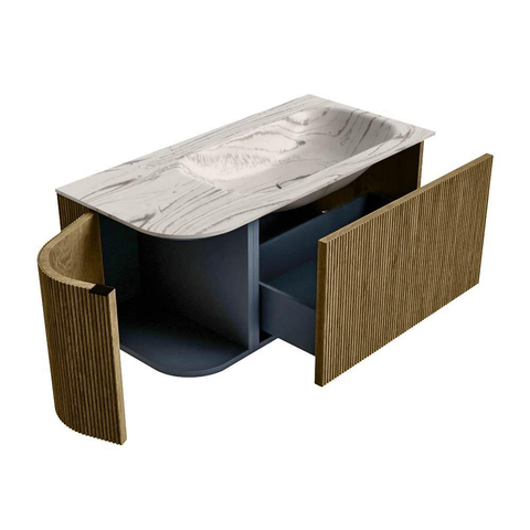 MONDIAZ KURVE-DLUX Meuble de salle de bains 95cm arrondi à gauche couleur Dusk avec 1 tiroir et 1 porte. Lavabo BIG SMALL à droite 1 trou de robinet Nata. SW1432372