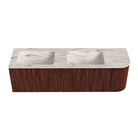 MONDIAZ KURVE-DLUX 155cm badmeubel ronding Rechts kleur Ruby met 2 lades en 1 deur. Wastafel LEAF Dubbel / Links 2 kraangaten Nata. SW1432588