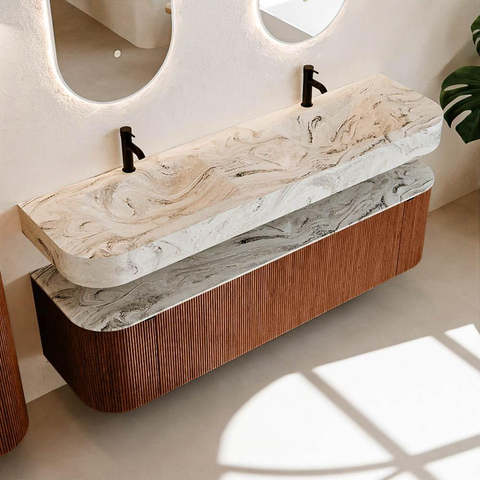 MONDIAZ THOR-DLUX 170cm meuble de salle de bains arrondi gauche + droite couleur Ruby avec 1 tiroir et 2 portes. Vasque suspendue CLOUD Double 2 trous de robinet couleur Glace. SW1467686