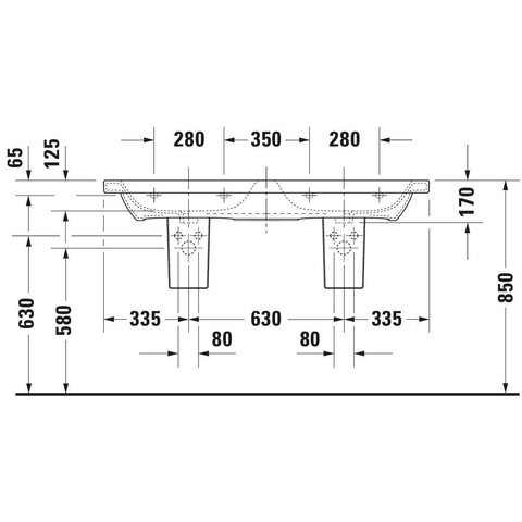 Duravit Durastyle Dubbele wastafel - 130x48cm - met 2 kraangaten - met overloop - wit SW88235