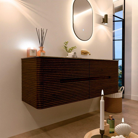 Mondiaz CIRO-DLUX Badkamermeubelset - 140x45x50cm - Solid surface wastafel Oza - 1 wasbak Rechts - zonder kraangaten - 4 lades - Walnut SW1530660