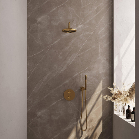 BRAUER Gold Edition douche thermostatique encastrée - 3 voies - rond - set 75 - douche principale de 20 cm - bras de douche courbé - douchette à main - flexible de douche - coude mural - or brossé PVD SW1159006
