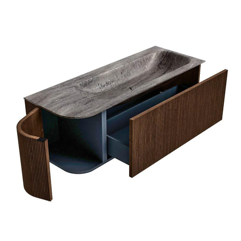 MONDIAZ KURVE-DLUX 125cm badmeubel ronding Links kleur Walnut met 1 lade en 1 deur. Wastafel BIG MEDIUM Rechts 1 kraangat Oza. SW1432454