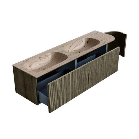 MONDIAZ KURVE-DLUX meuble de salle de bains 165cm arrondi à droite couleur Shadow avec 2 tiroirs et 1 porte. Lavabo STOR SMALL Double / Gauche sans trou de robinet Arena. SW1431321