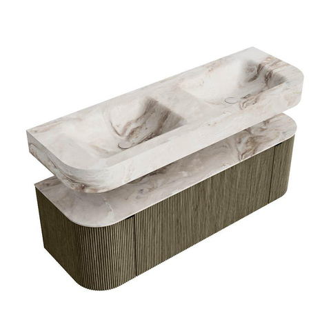 MONDIAZ THOR-DLUX 140cm meuble de salle de bains arrondi gauche + droite couleur Shadow avec 1 tiroir et 2 portes. Vasque suspendue CLOUD Double 2 trous de robinet couleur Frappe. SW1467662
