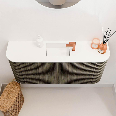 Mondiaz JOYA Meuble de toilette 93,2cm - arrondis gauche et droite couleur Shadow - Lavabo FAYE position Milieu 1 trou de robinet couleur Talc SW1421462