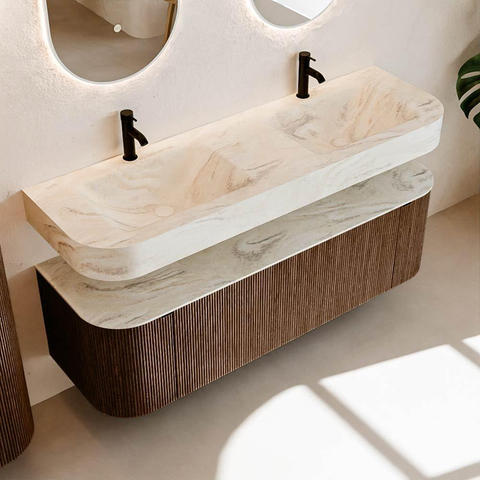 MONDIAZ THOR-DLUX 150cm badmeubel ronding links + rechts kleur Walnut met 1 lade en 2 deuren. Vrijhangende wastafel CLOUD Dubbel 2 kraangaten kleur Ostra. SW1464515