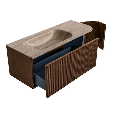 MONDIAZ KURVE-DLUX 115cm badmeubel ronding Rechts kleur Walnut met 1 lade en 1 deur. Wastafel BIG SMALL Links zonder kraangat Saba. SW1433163