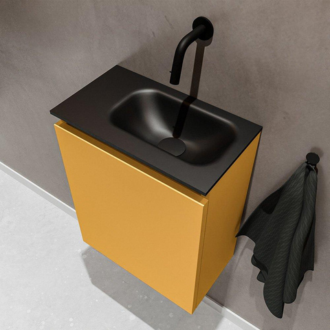MONDIAZ TURE Toiletmeubel 40x23x50cm met 0 kraangaten 1 deuren ocher mat Wastafel Eden rechts Solid Surface Zwart SW475389
