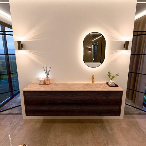 Mondiaz CIRO-DLUX Badkamermeubelset - 180x45x50cm - Solid surface wastafel Arena - 1 wasbak Rechts - 1 kraangat - 4 lades - Walnut SW1530475